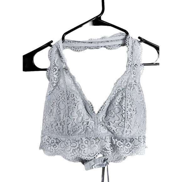 Aerie Long Line Lace V neck Halter Bralette Gray Womens Medium - Picture 1 of 5